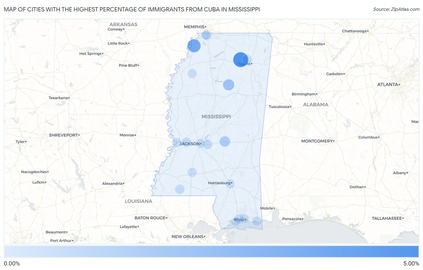 Cities with the Highest Percentage of Immigrants from Cuba in Mississippi Map