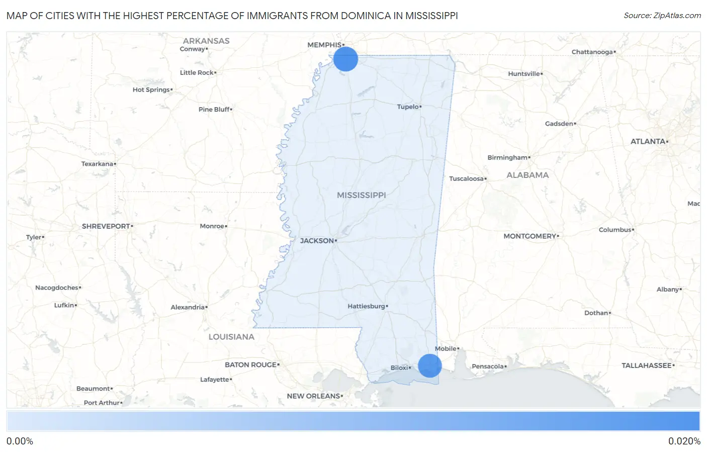 Cities with the Highest Percentage of Immigrants from Dominica in Mississippi Map