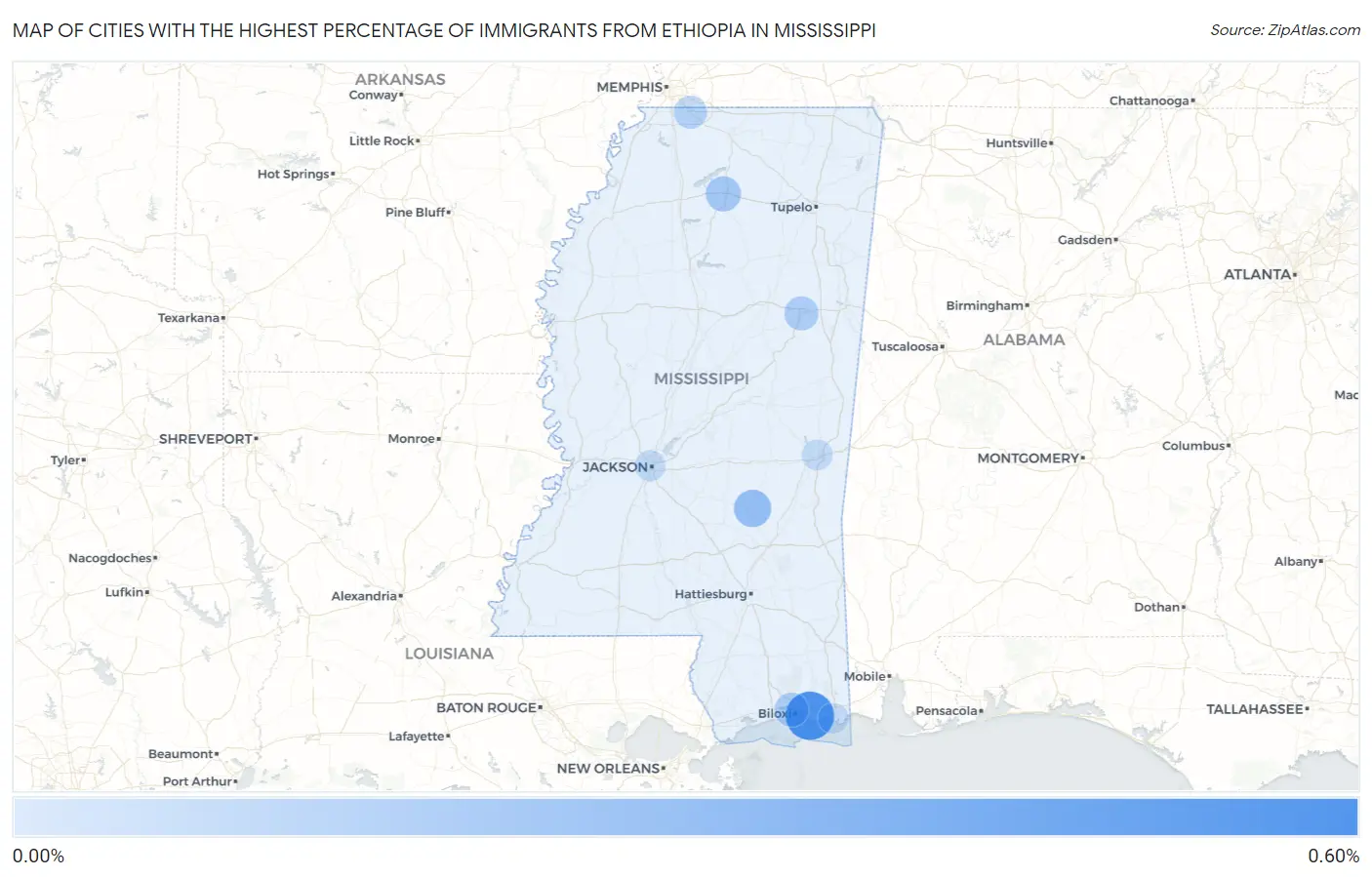 Cities with the Highest Percentage of Immigrants from Ethiopia in Mississippi Map