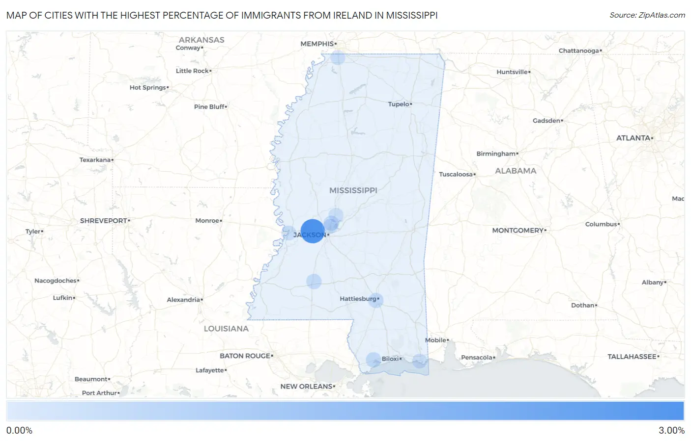 Cities with the Highest Percentage of Immigrants from Ireland in Mississippi Map