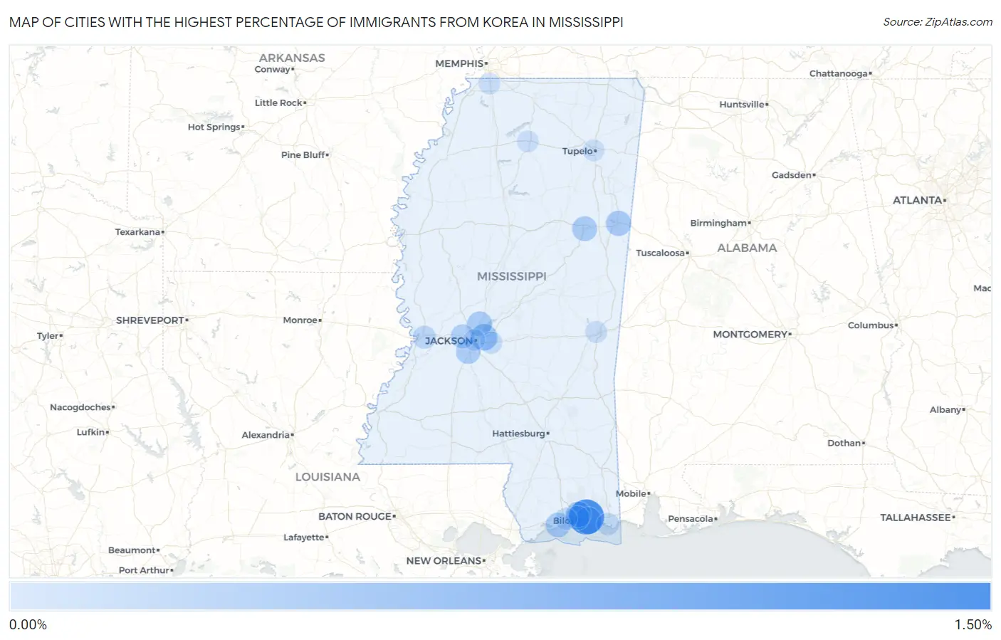 Cities with the Highest Percentage of Immigrants from Korea in Mississippi Map