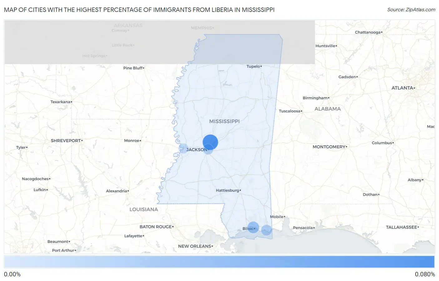 Cities with the Highest Percentage of Immigrants from Liberia in Mississippi Map