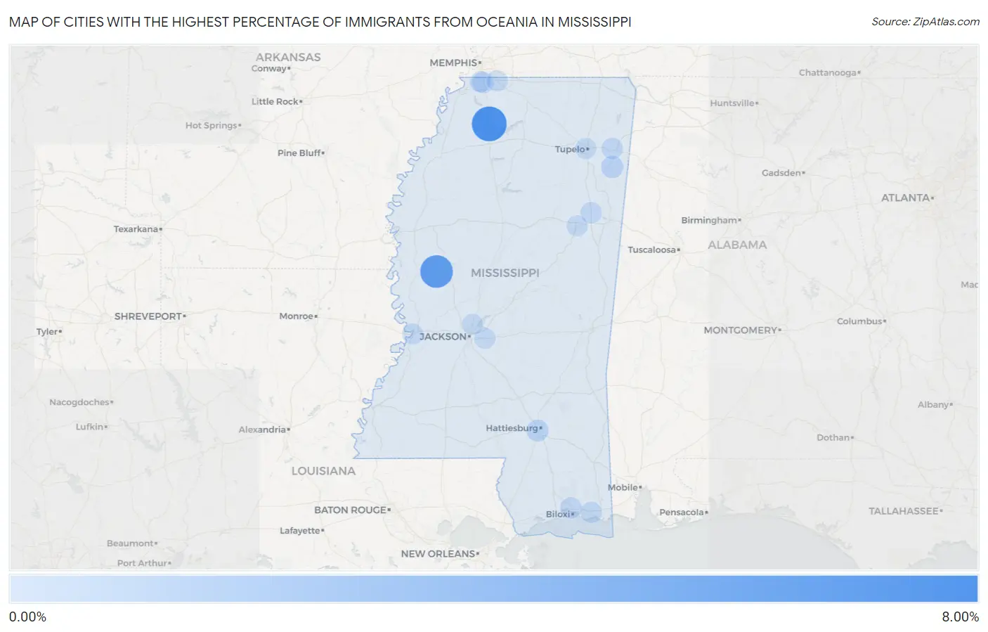 Cities with the Highest Percentage of Immigrants from Oceania in Mississippi Map