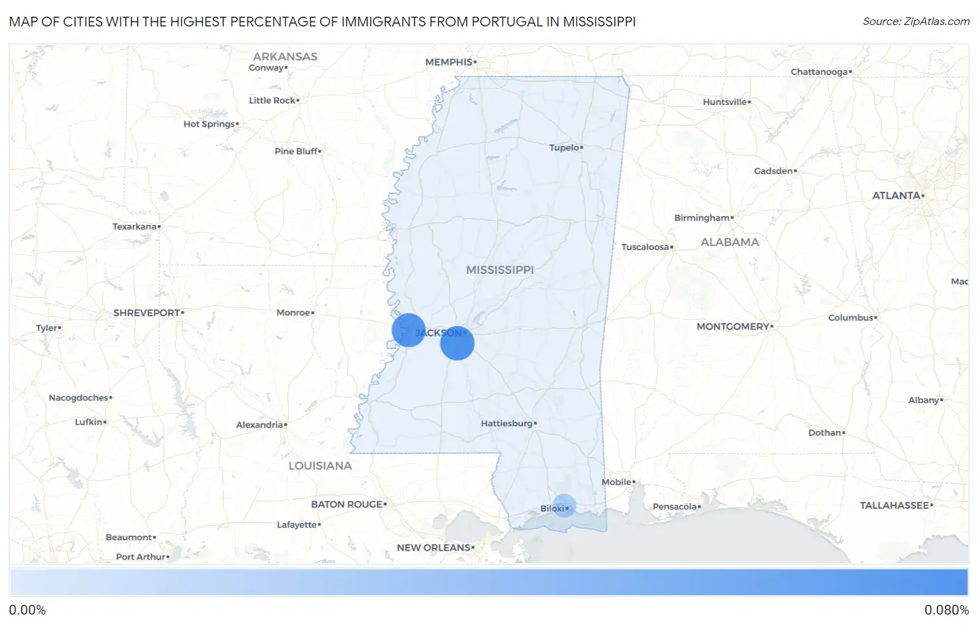 Cities with the Highest Percentage of Immigrants from Portugal in Mississippi Map