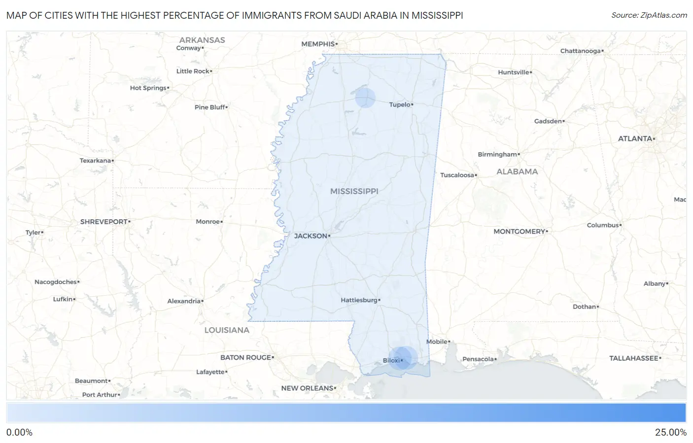 Cities with the Highest Percentage of Immigrants from Saudi Arabia in Mississippi Map