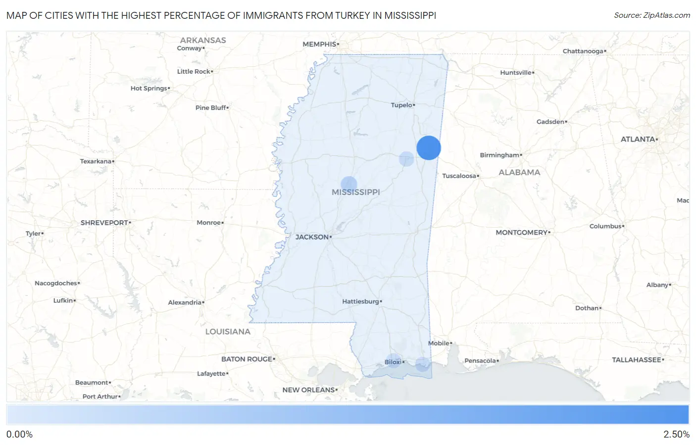 Cities with the Highest Percentage of Immigrants from Turkey in Mississippi Map