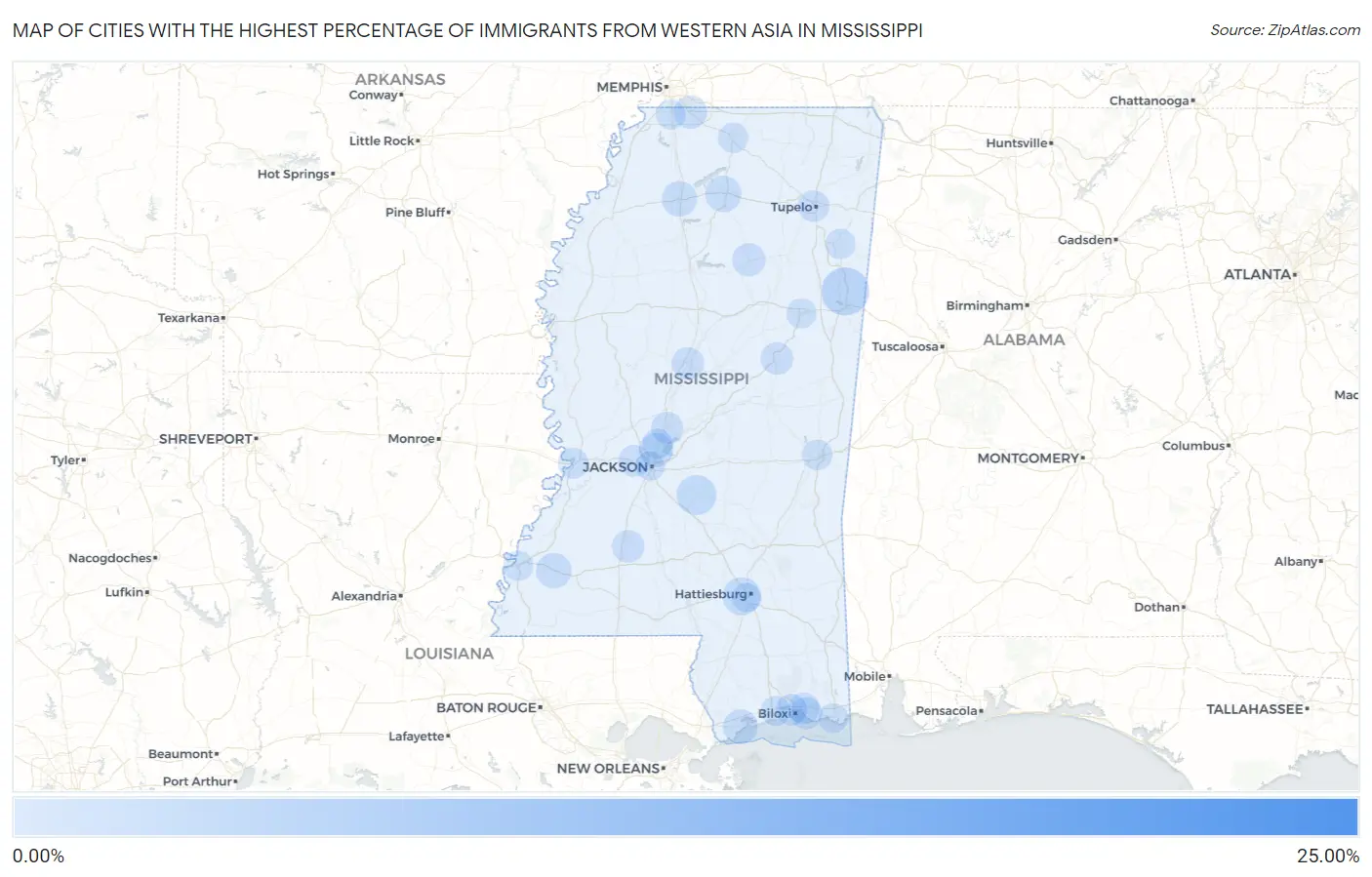 Cities with the Highest Percentage of Immigrants from Western Asia in Mississippi Map