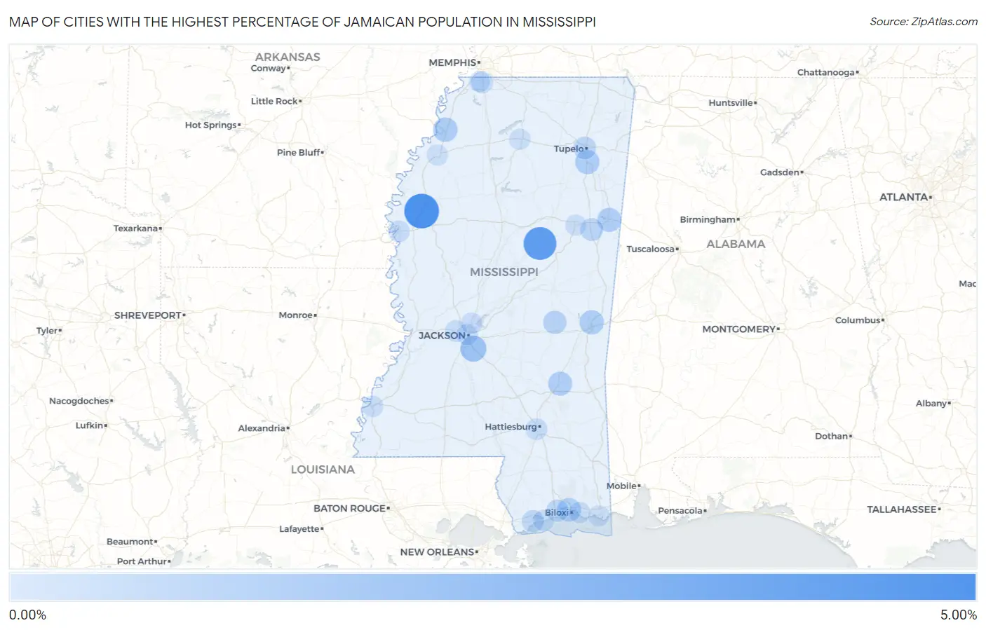 Cities with the Highest Percentage of Jamaican Population in Mississippi Map