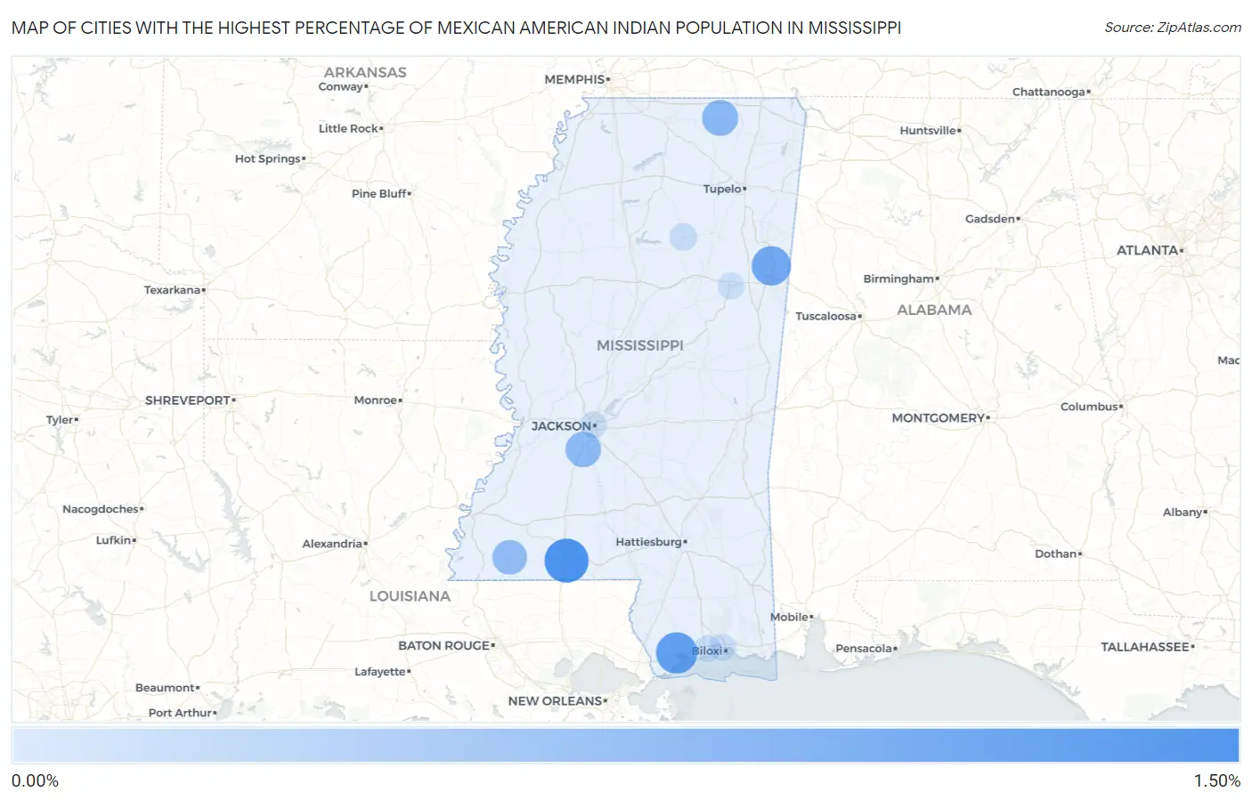 Cities with the Highest Percentage of Mexican American Indian Population in Mississippi Map