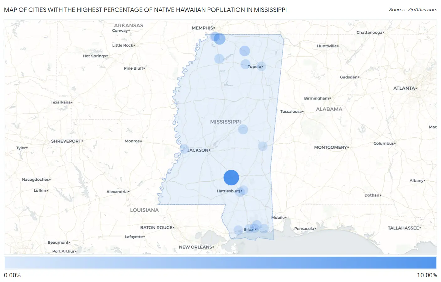 Cities with the Highest Percentage of Native Hawaiian Population in Mississippi Map