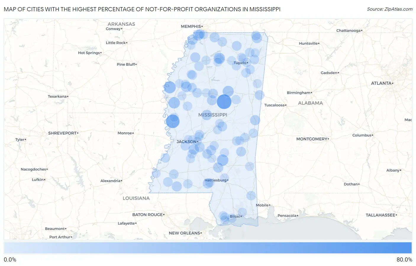 Cities with the Highest Percentage of Not-for-profit Organizations in Mississippi Map
