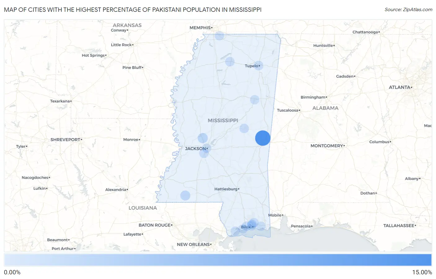 Cities with the Highest Percentage of Pakistani Population in Mississippi Map