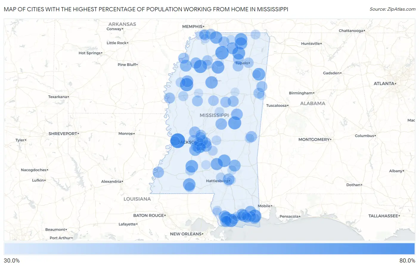 Cities with the Highest Percentage of Population Working from Home in Mississippi Map