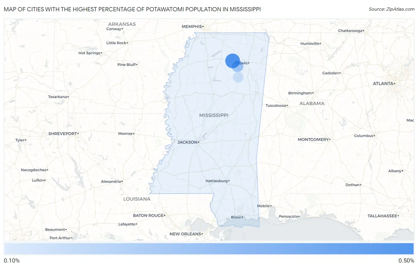 Cities with the Highest Percentage of Potawatomi Population in Mississippi Map