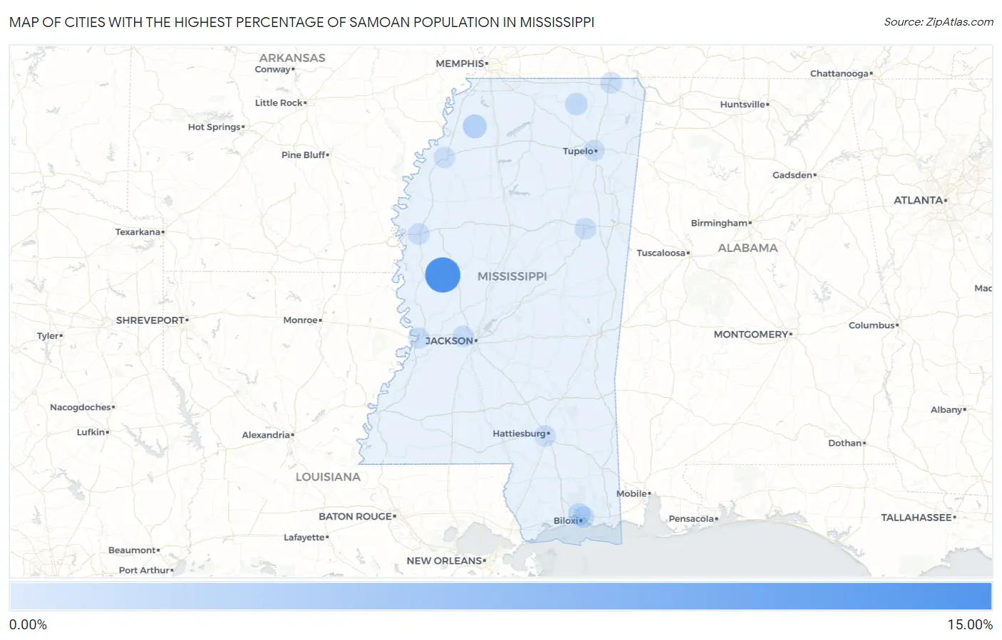 Cities with the Highest Percentage of Samoan Population in Mississippi Map