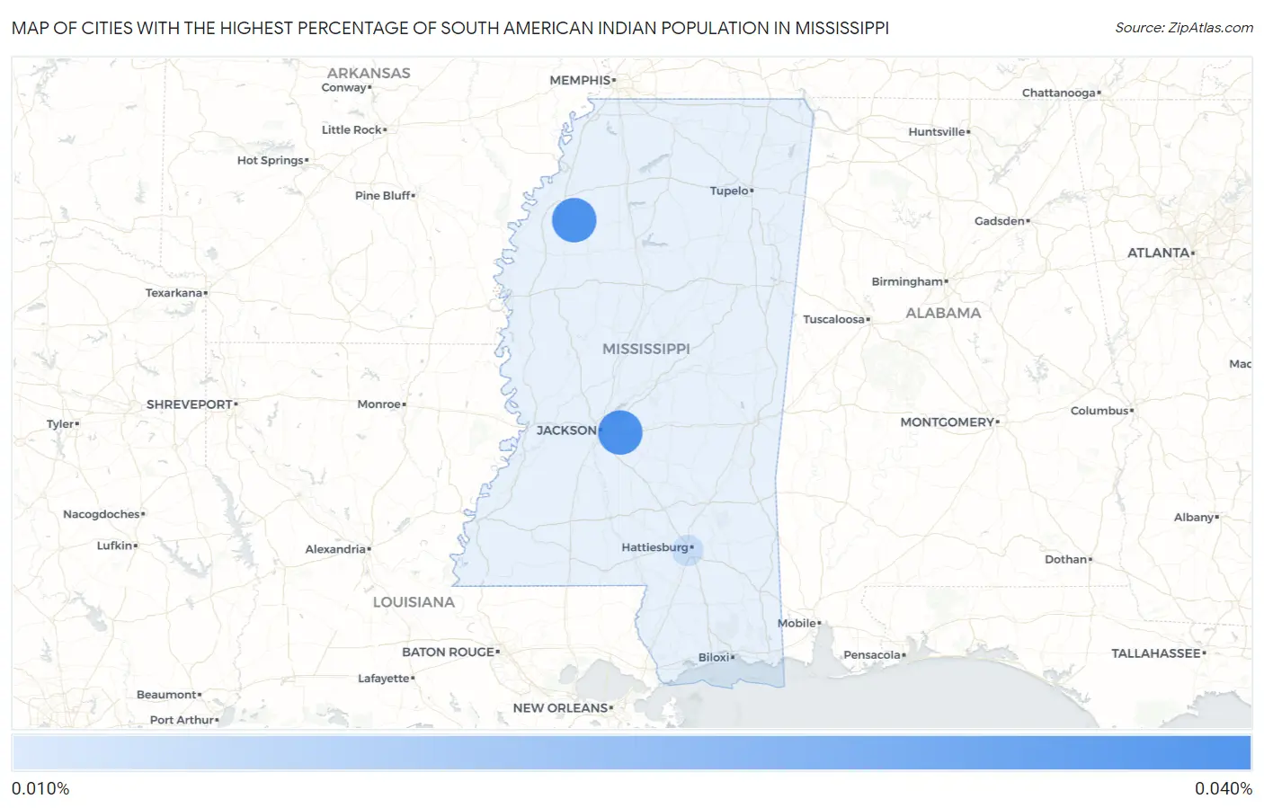 Cities with the Highest Percentage of South American Indian Population in Mississippi Map