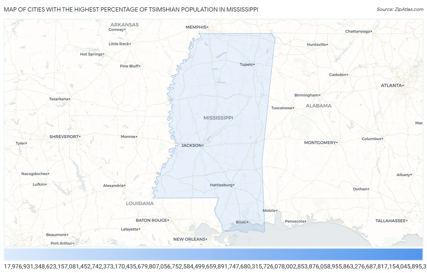Cities with the Highest Percentage of Tsimshian Population in Mississippi Map