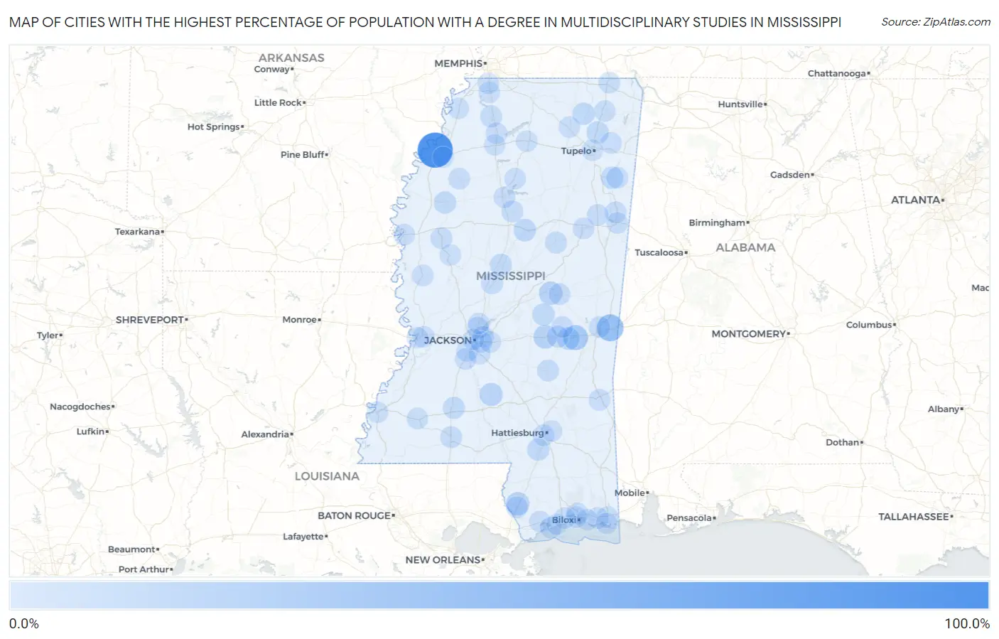 Cities with the Highest Percentage of Population with a Degree in Multidisciplinary Studies in Mississippi Map