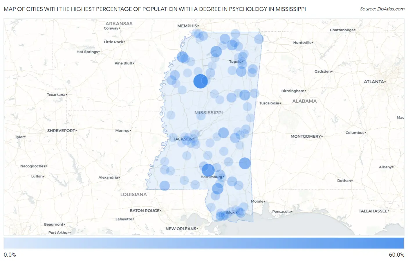 Cities with the Highest Percentage of Population with a Degree in Psychology in Mississippi Map
