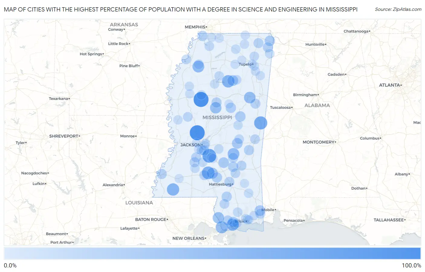 Cities with the Highest Percentage of Population with a Degree in Science and Engineering in Mississippi Map