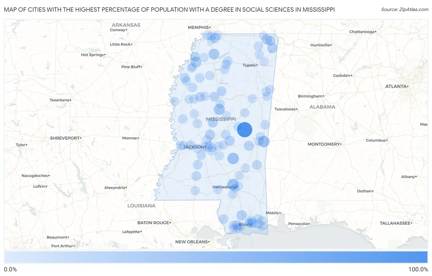Cities with the Highest Percentage of Population with a Degree in Social Sciences in Mississippi Map