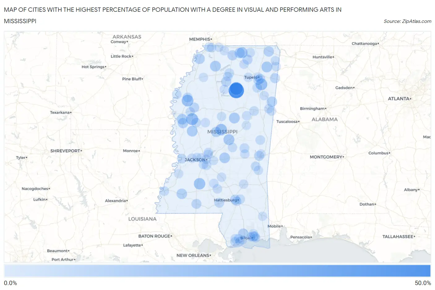 Cities with the Highest Percentage of Population with a Degree in Visual and Performing Arts in Mississippi Map