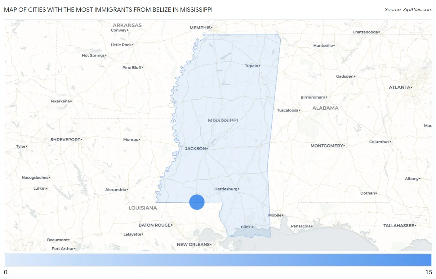 Cities with the Most Immigrants from Belize in Mississippi Map