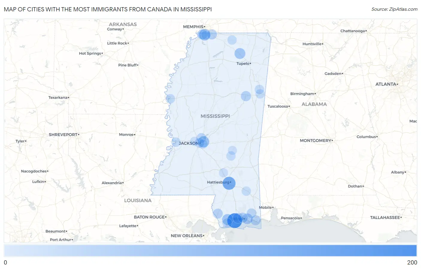 Cities with the Most Immigrants from Canada in Mississippi Map