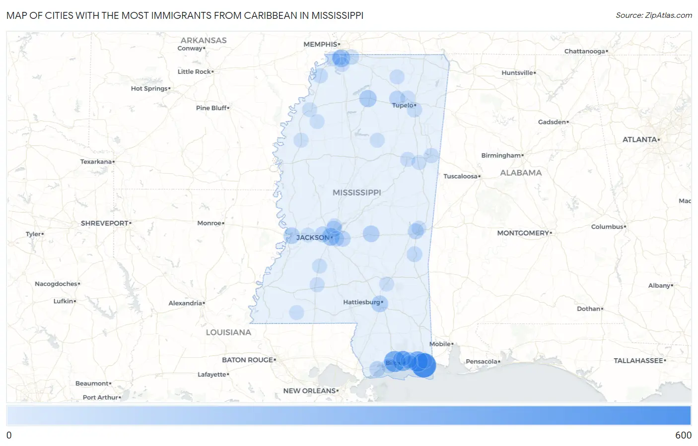 Cities with the Most Immigrants from Caribbean in Mississippi Map