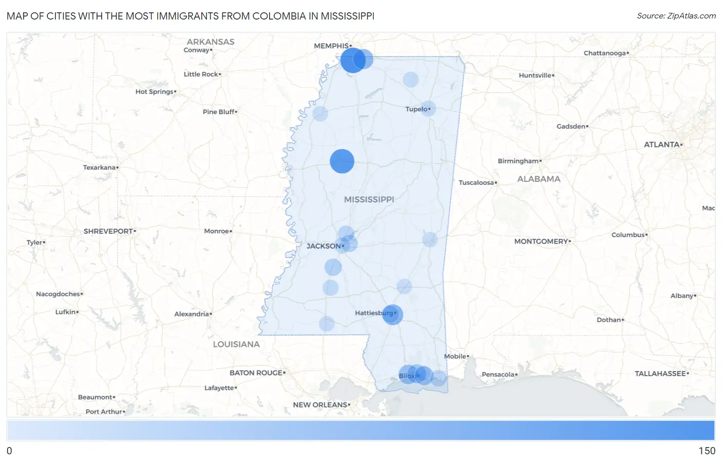 Cities with the Most Immigrants from Colombia in Mississippi Map