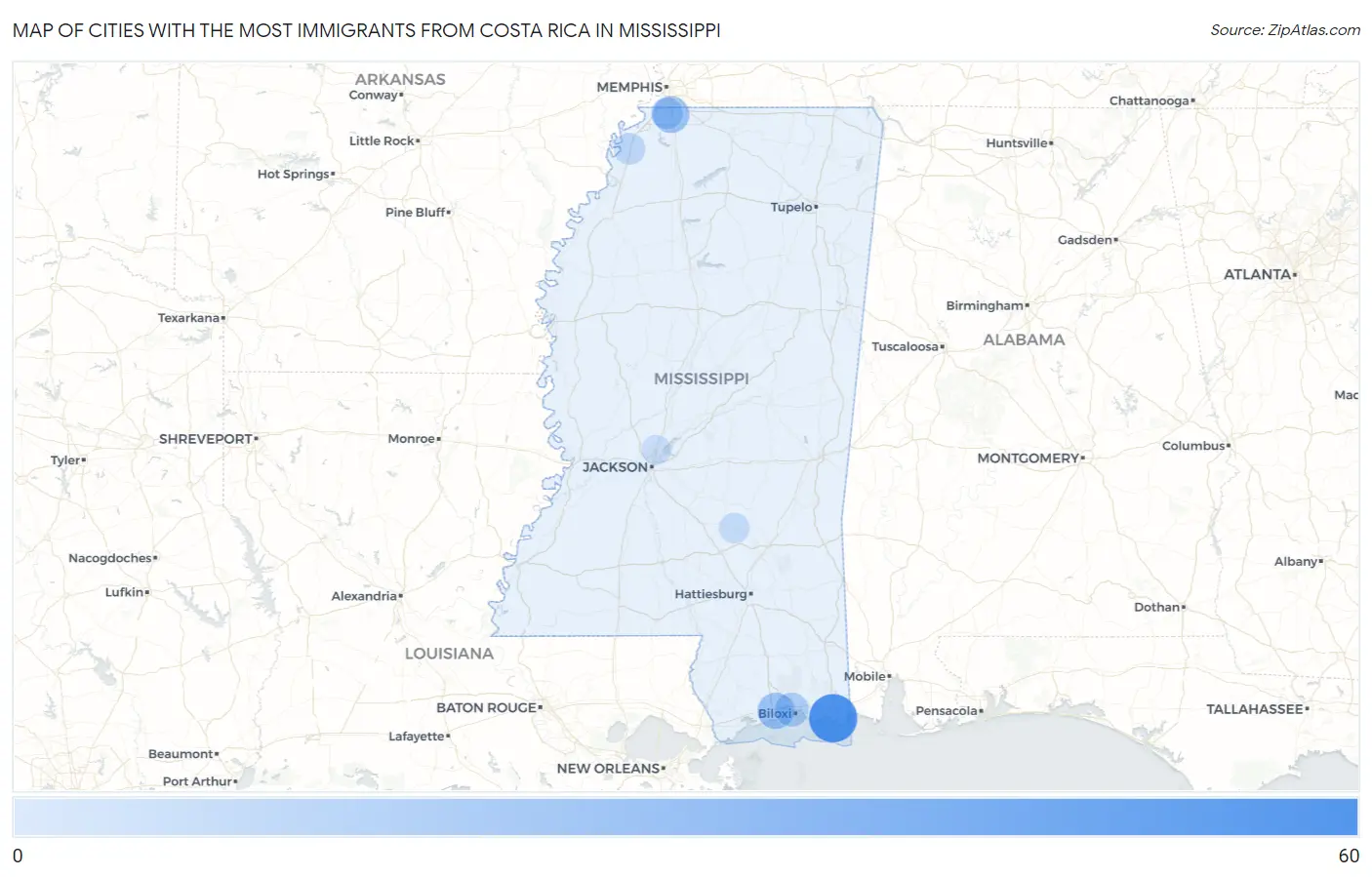 Cities with the Most Immigrants from Costa Rica in Mississippi Map
