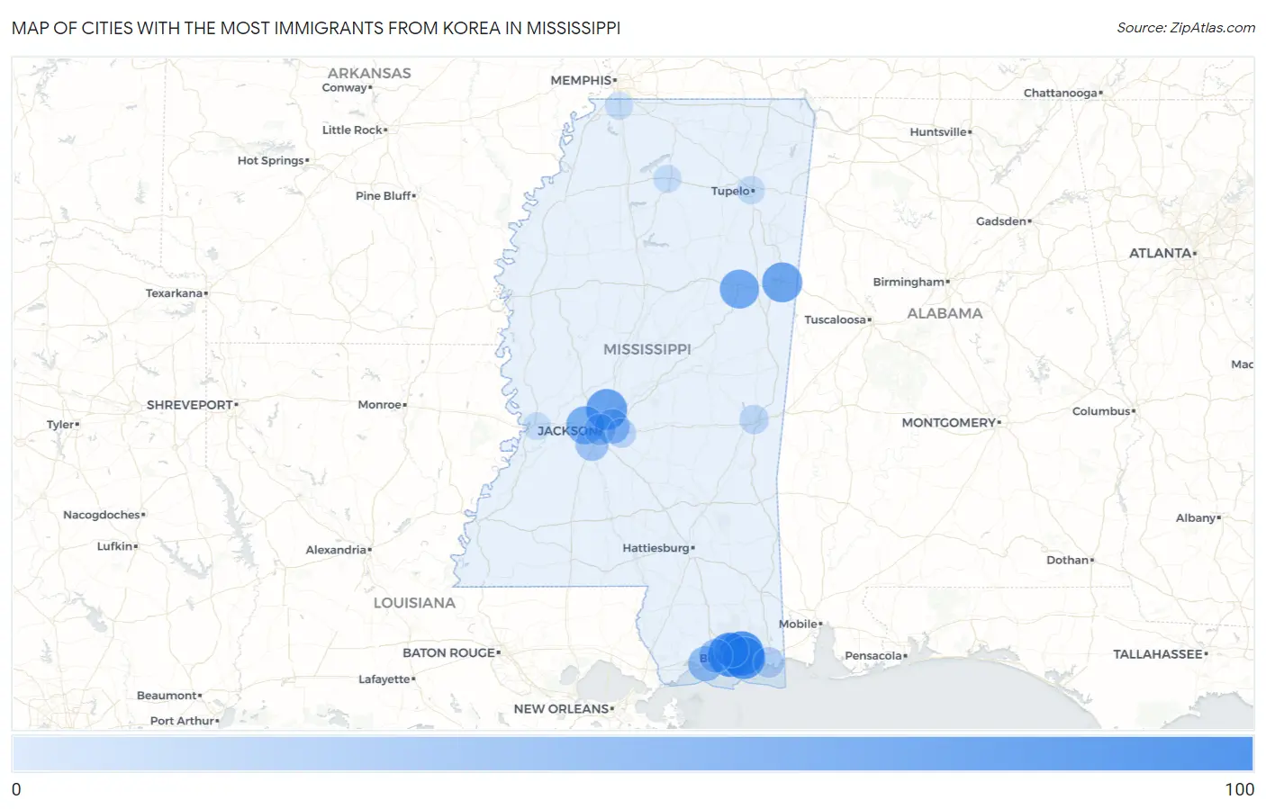 Cities with the Most Immigrants from Korea in Mississippi Map