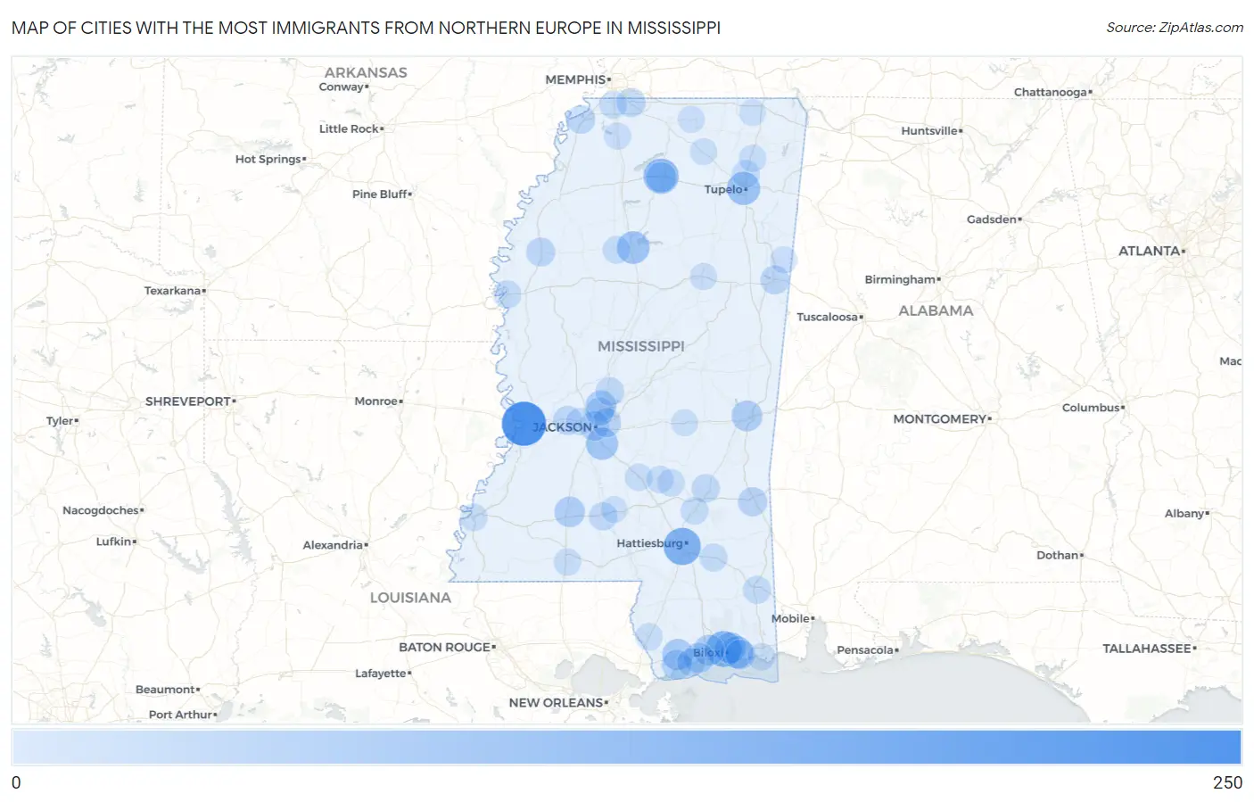 Cities with the Most Immigrants from Northern Europe in Mississippi Map