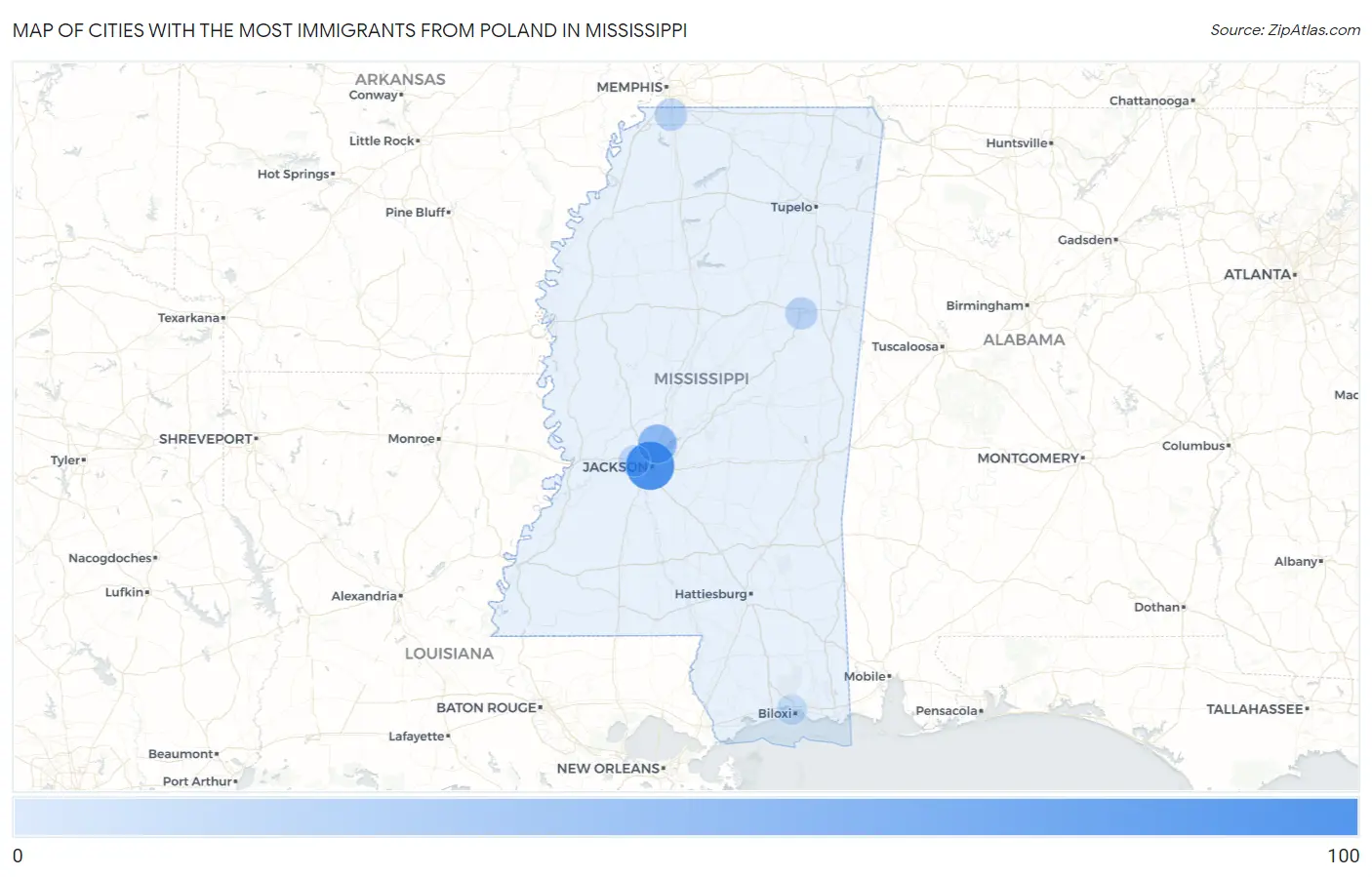 Cities with the Most Immigrants from Poland in Mississippi Map