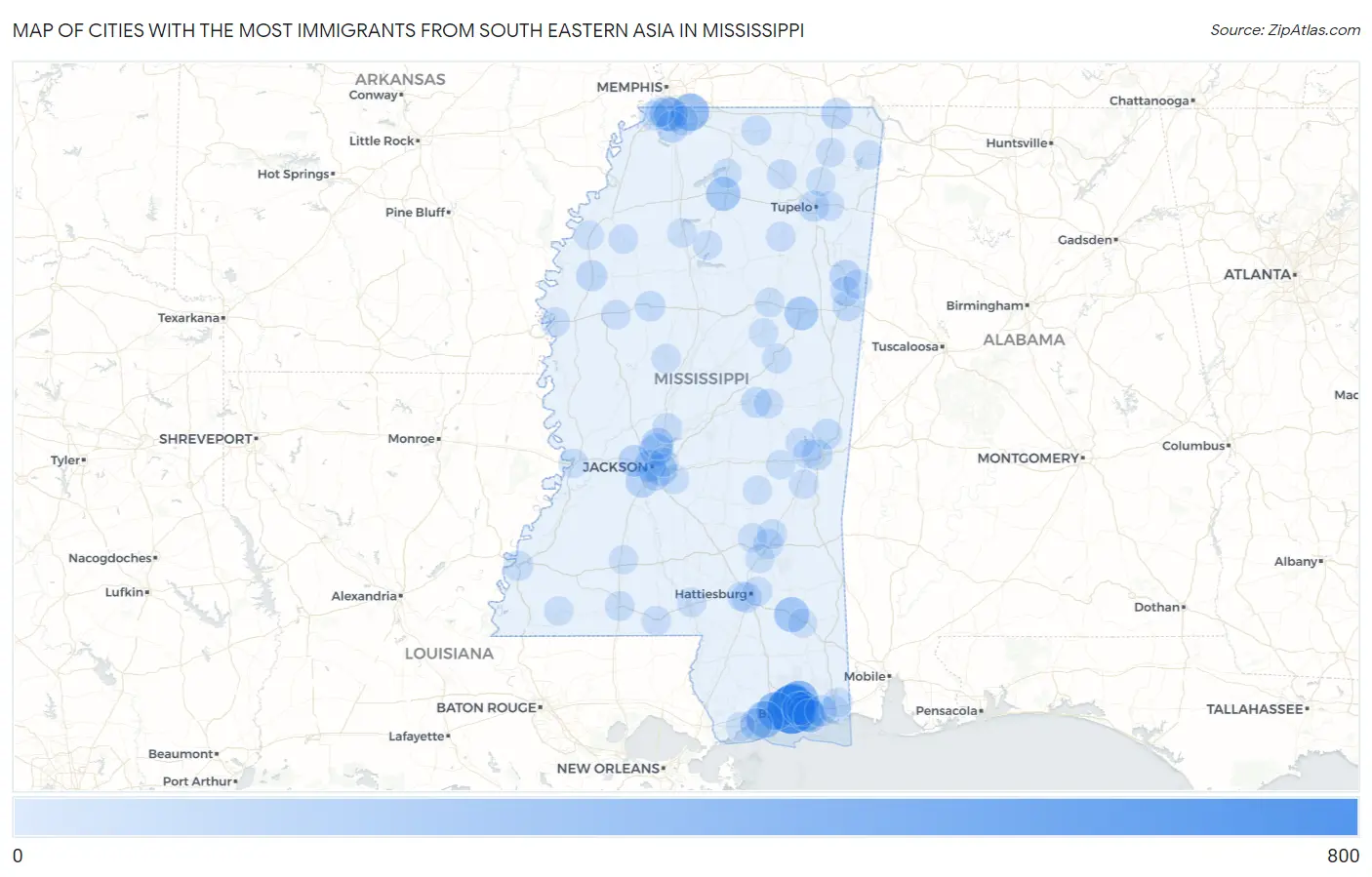 Cities with the Most Immigrants from South Eastern Asia in Mississippi Map
