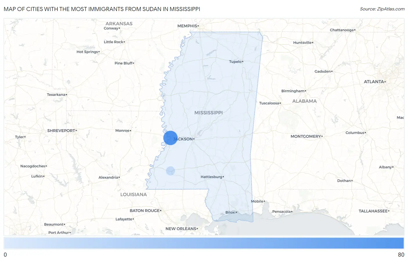 Cities with the Most Immigrants from Sudan in Mississippi Map