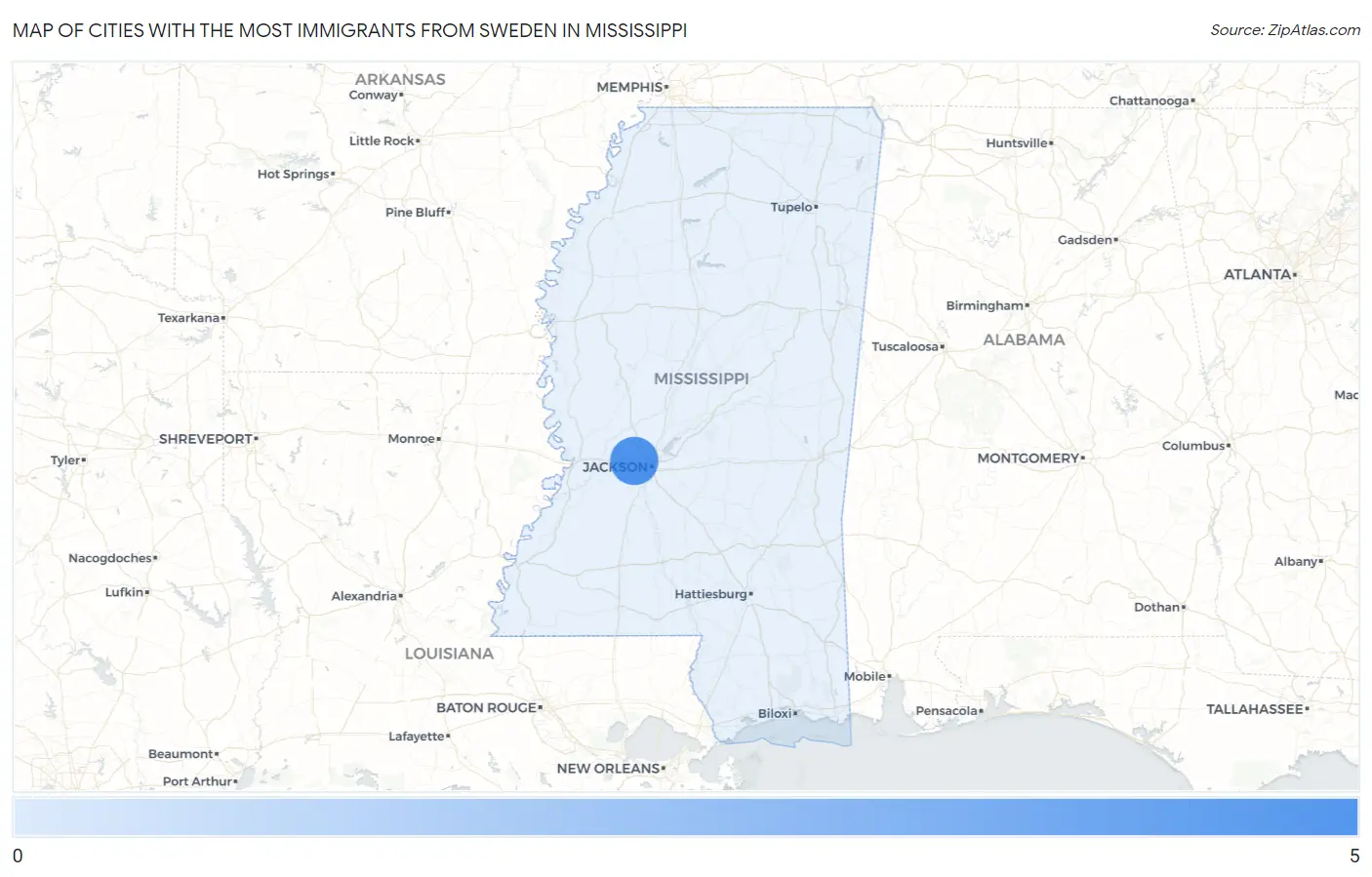 Cities with the Most Immigrants from Sweden in Mississippi Map