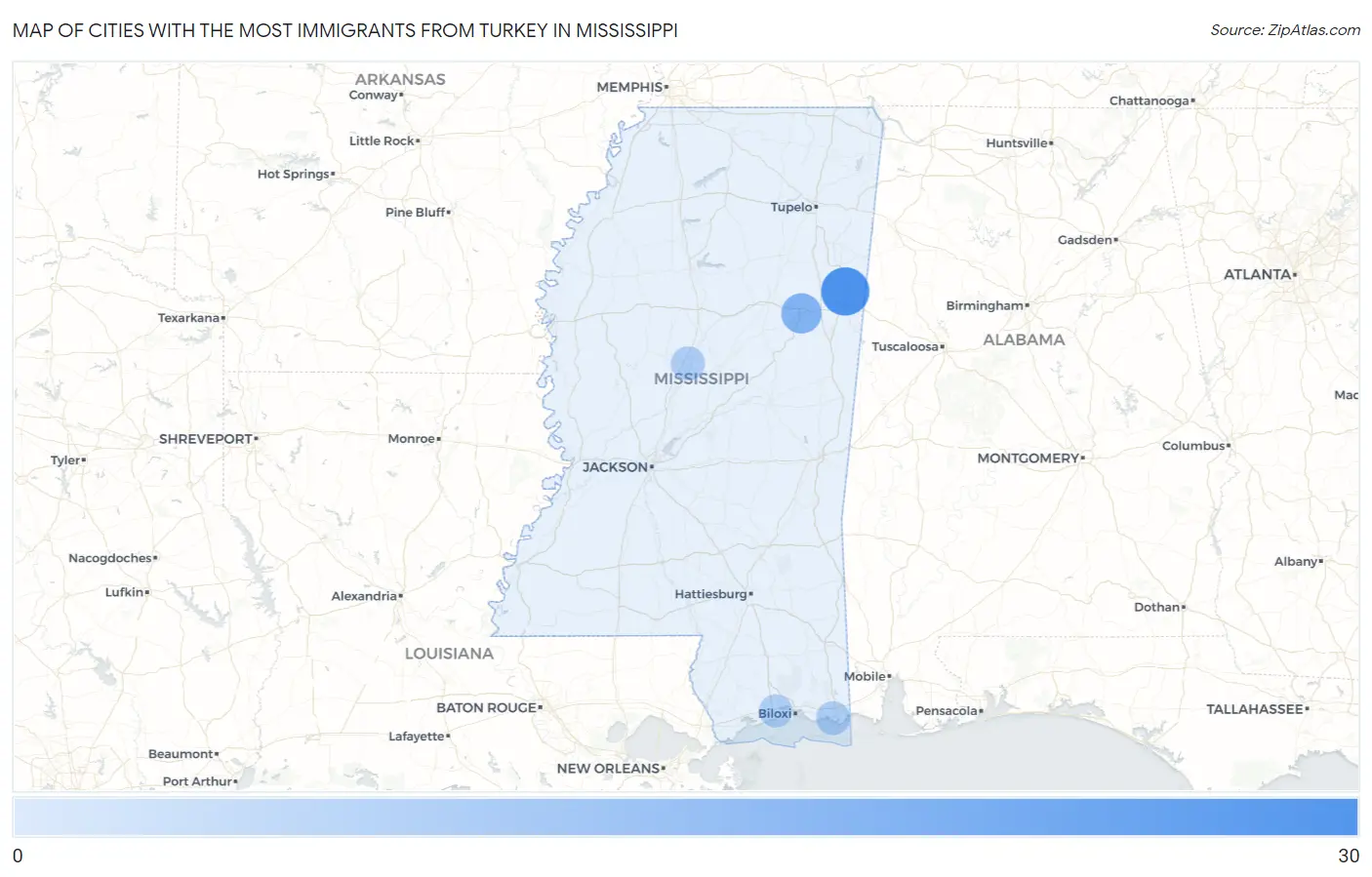 Cities with the Most Immigrants from Turkey in Mississippi Map