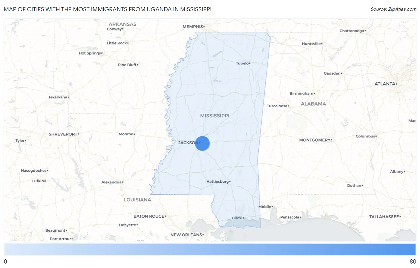 Cities with the Most Immigrants from Uganda in Mississippi Map