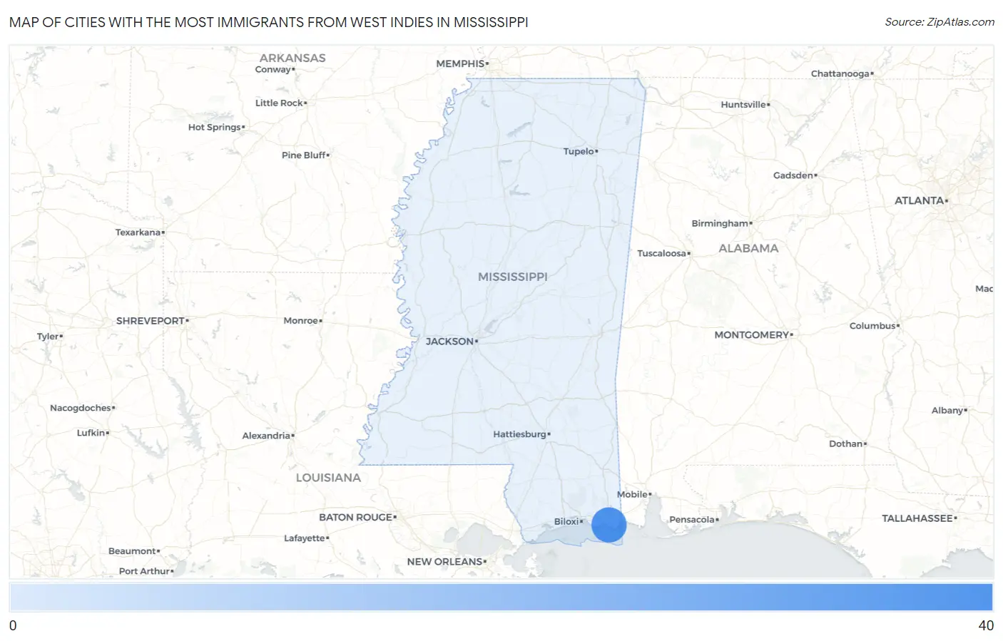Cities with the Most Immigrants from West Indies in Mississippi Map