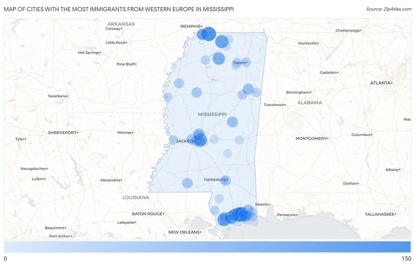 Cities with the Most Immigrants from Western Europe in Mississippi Map