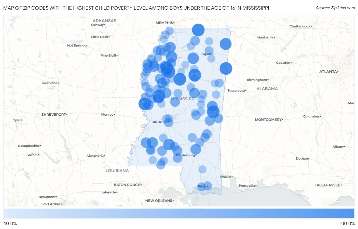 Zip Codes with the Highest Child Poverty Level Among Boys Under the Age of 16 in Mississippi Map