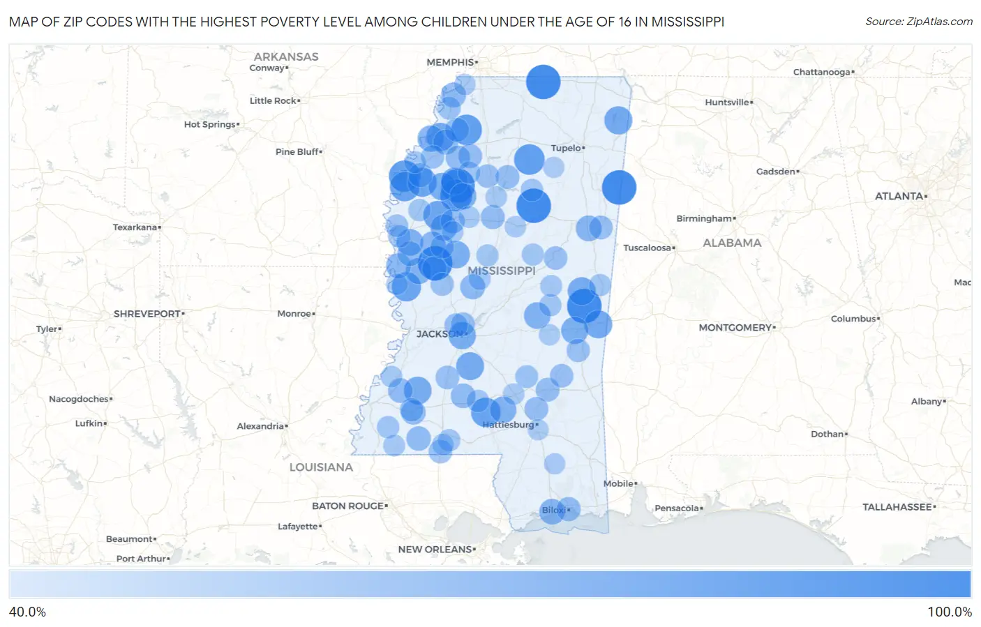 Zip Codes with the Highest Poverty Level Among Children Under the Age of 16 in Mississippi Map