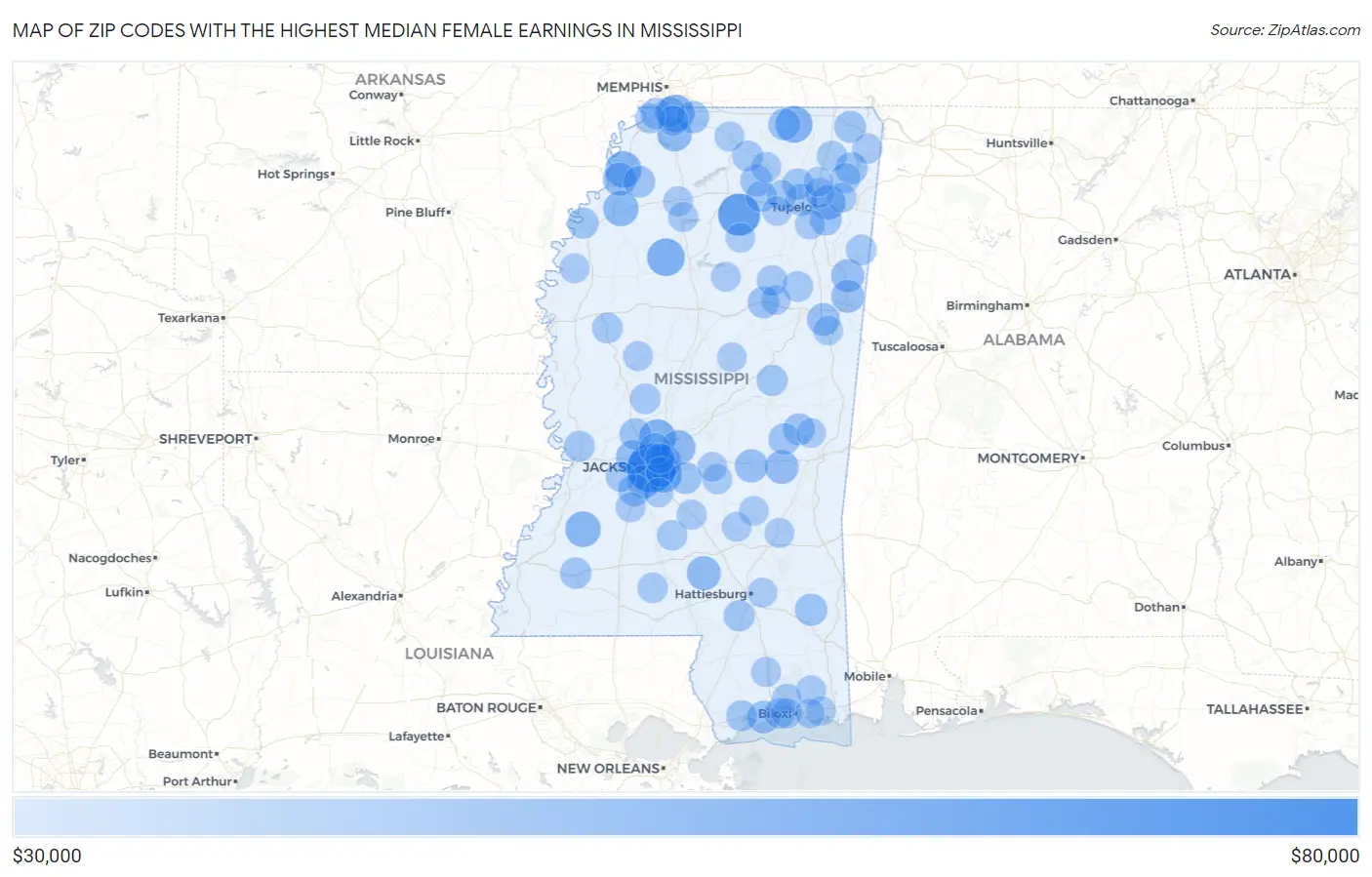 Zip Codes with the Highest Median Female Earnings in Mississippi Map