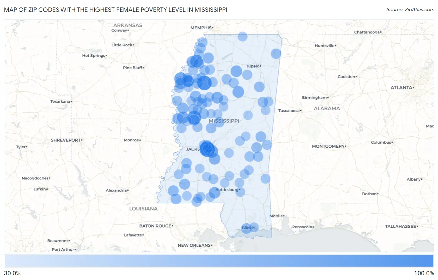 Zip Codes with the Highest Female Poverty Level in Mississippi Map