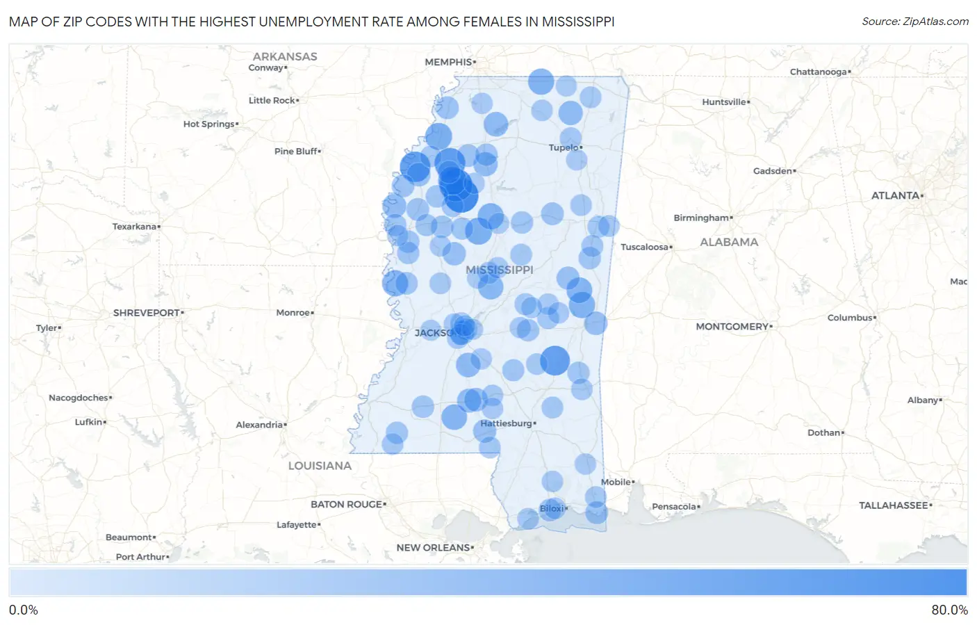 Zip Codes with the Highest Unemployment Rate Among Females in Mississippi Map