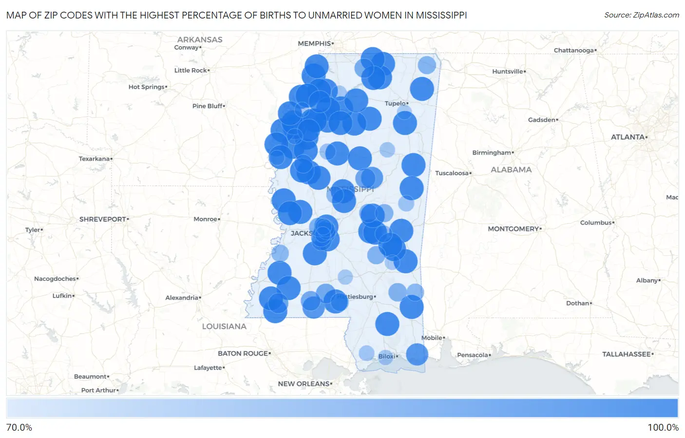Zip Codes with the Highest Percentage of Births to Unmarried Women in Mississippi Map