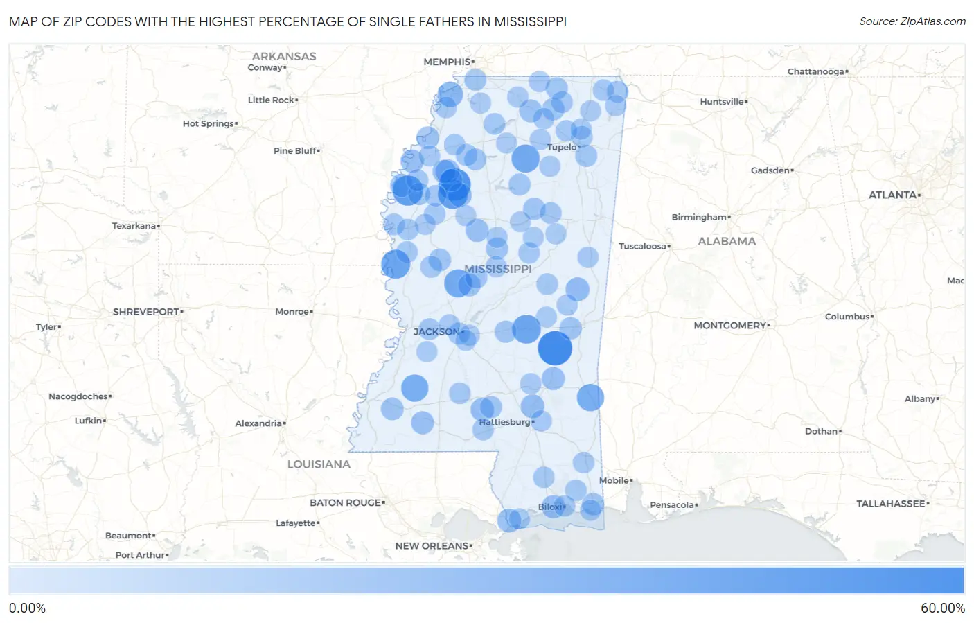 Zip Codes with the Highest Percentage of Single Fathers in Mississippi Map