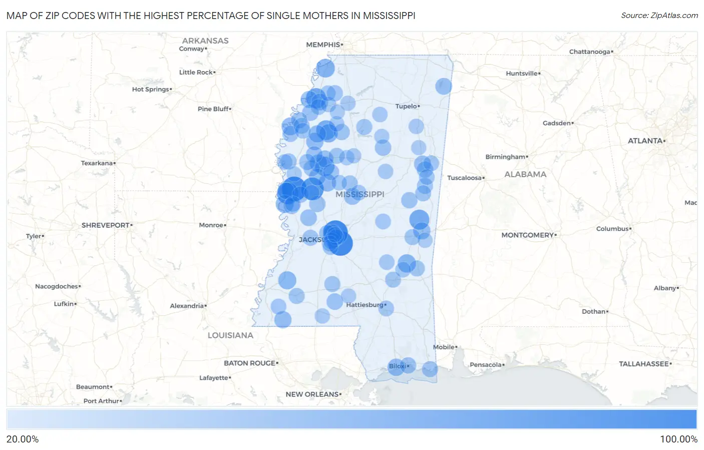 Zip Codes with the Highest Percentage of Single Mothers in Mississippi Map