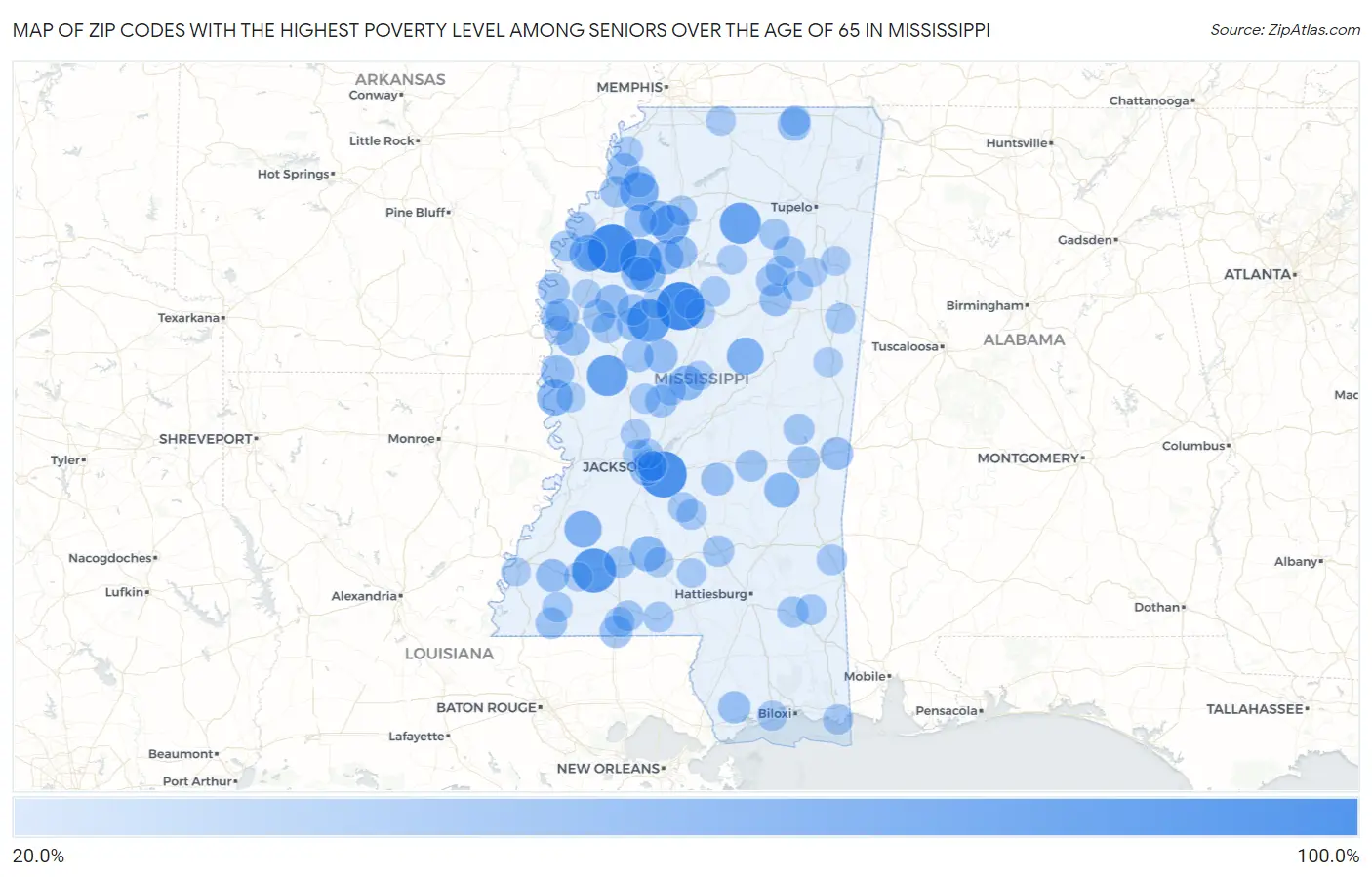 Zip Codes with the Highest Poverty Level Among Seniors Over the Age of 65 in Mississippi Map